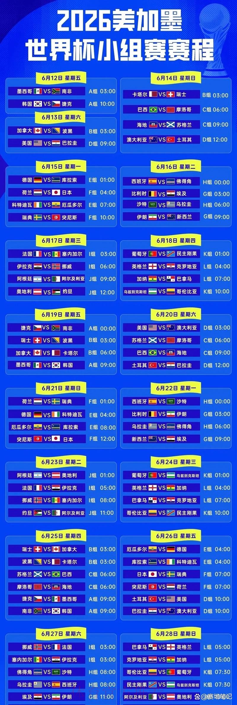 2026世界杯决赛比赛时间安排 2026世界杯决赛比赛时间安排